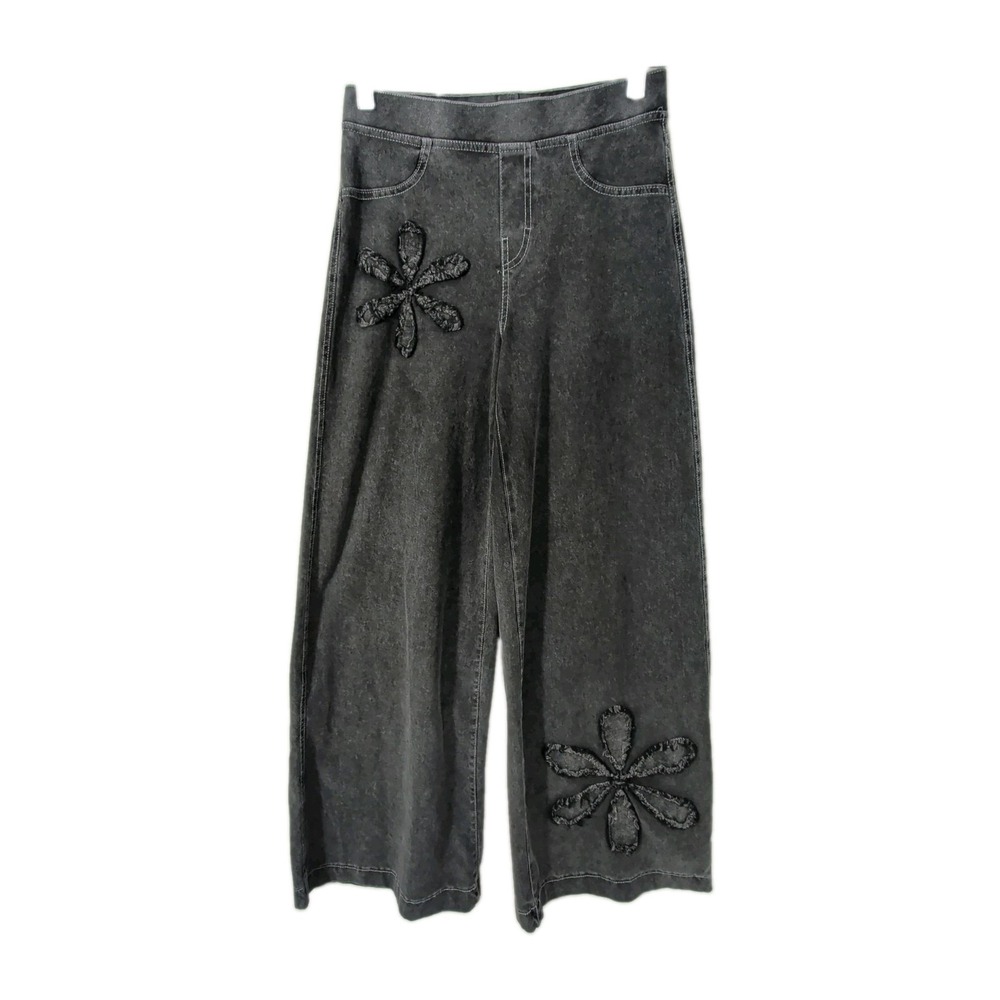 H&M Wide Leg Denim Look Pants Girls 18 Black Stretch Floral Applique Pull On